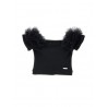 RIBBED+TULLE CROPPED TOP BLACK - MONNALISA