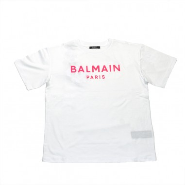Balmain Kids T-SHIRT Bianco stampa gommata Fucsia - BALMAIN KIDS BU8Q71Z0082100FU-Bi-balmain24